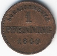 Монета Бавария 1 пфеннинг 1860 год