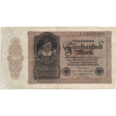 Германия (Веймарская республика) 5000 марок 1922 год - Картина Альбрехта Дюрера &quot;Ханс Пятый Имхофф&quot; 1521 года - F