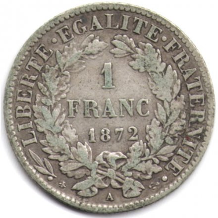 Франция 1 франк 1872 год (A)