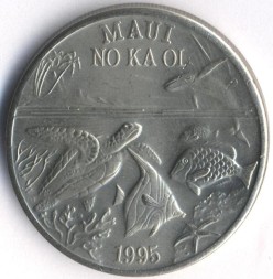 Гавайские острова 1 доллар 1995 год - Черепаха, тропические рыбы