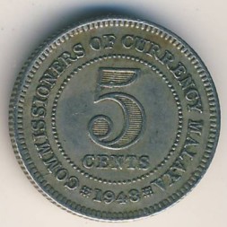 Монета Малайя 5 центов 1948 год