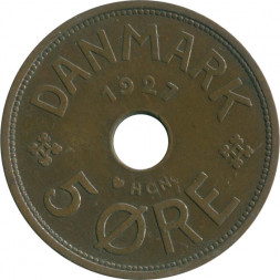 Дания 5 эре 1927 год - Король Кристиан X (HCN)