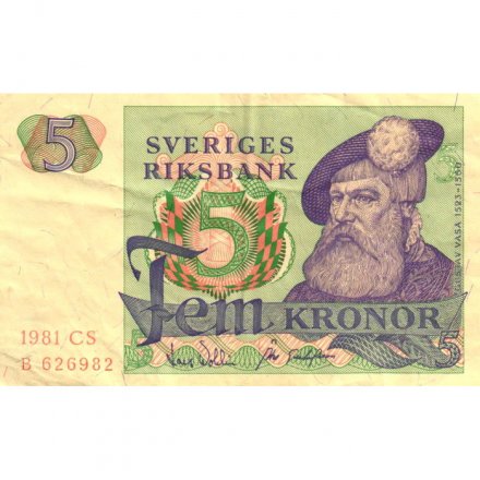 Швеция 5 крон 1981 год - Король Густав I. Стилизованные глухарь и ель - VF