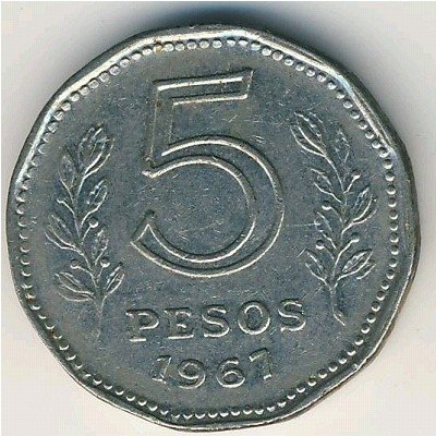 Аргентина 5 песо 1967 год