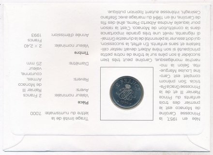 Монако 2 франка 1979 год - Принцесса Каролина