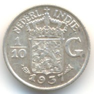 Монета Нидерландская Индия 1/10 гульдена 1937 год