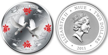 Ниуэ 2 доллара 2011 год - Вечная любовь. Голуби