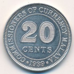 Монета Малайя 20 центов 1939 год