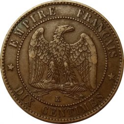 Франция 10 сантимов 1864 год - Отметка монетного двора: "K"