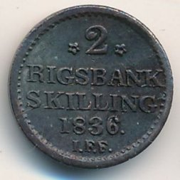 Дания 2 ригсбанкскиллинга 1836 год