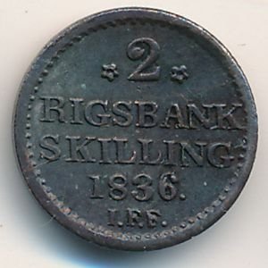 Дания 2 ригсбанкскиллинга 1836 год