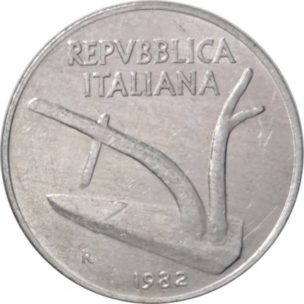 Италия 10 лир 1982 год - Колосья пшеницы. Плуг