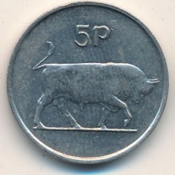 Монета Ирландия 5 пенсов 1982 год - Бык. Кельтская арфа