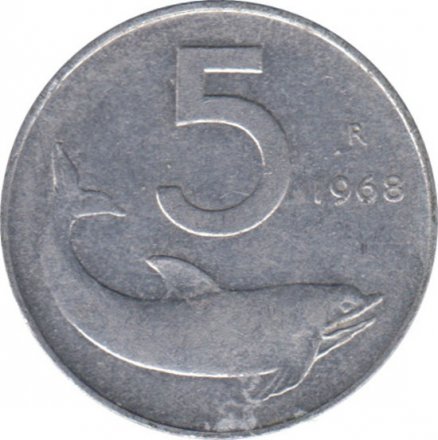 Италия 5 лир 1968 год