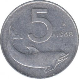 Италия 5 лир 1968 год