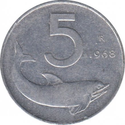 Италия 5 лир 1968 год