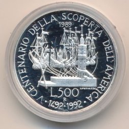 Италия 500 лир 1992 год - 500 лет открытию Америки