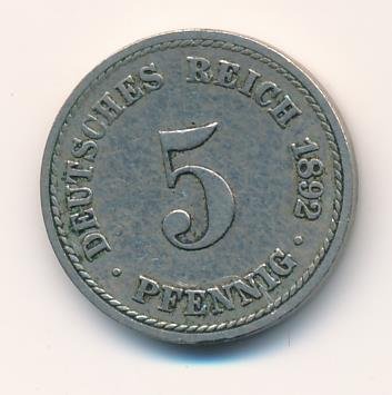 Германия 5 пфеннигов 1892 год (A)
