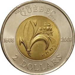 Канада 2 доллара 2008 год - 400 лет с момента основания Квебека