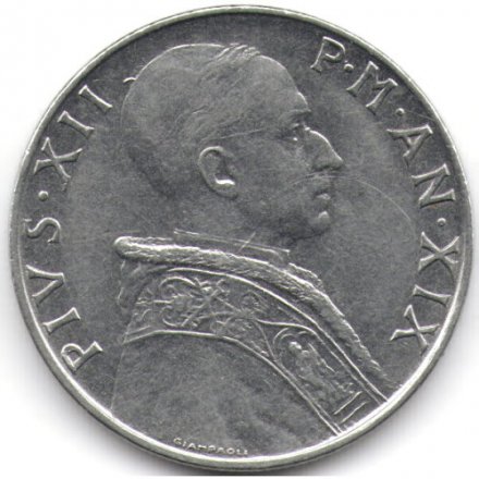 Ватикан 50 лир 1957 год (надпись на аверсе &quot;P·M·AN·&quot;)