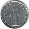 Ватикан 50 лир 1957 год (надпись на аверсе &quot;P·M·AN·&quot;)