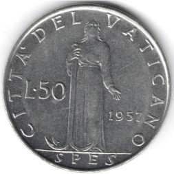 Монета Ватикан 50 лир 1957 год