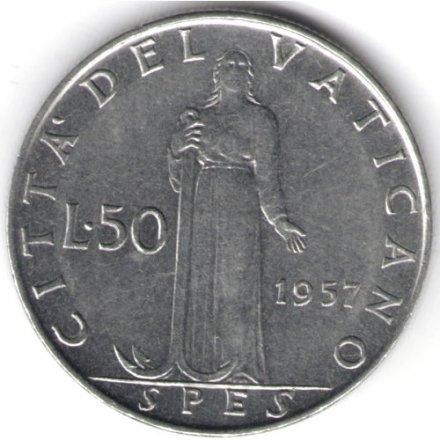 Ватикан 50 лир 1957 год (надпись на аверсе &quot;P·M·AN·&quot;)