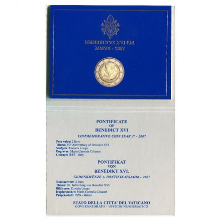 Ватикан 2 евро 2007 год - 80 лет со дня рождения Папы Римского Бенедикта XVI
