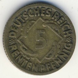 Монета Веймарская республика 5 рентенпфеннигов 1924 год (D)