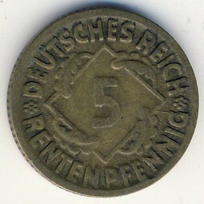 Веймарская республика 5 рентенпфеннигов 1924 год (D)