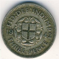 Великобритания 3 пенса 1942 год - Король Георг VI (серебро)