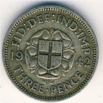 Великобритания 3 пенса 1942 год - Король Георг VI (серебро)