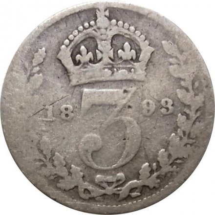 Великобритания 3 пенса 1893 год (Новый портрет с маленькой короной)