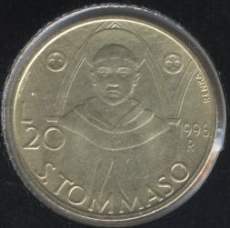 Сан-Марино 20 лир 1996 год - Фома Аквинский (San Tommaso D'Acquino)