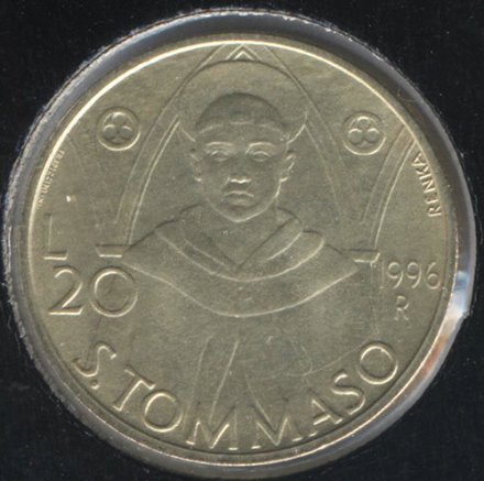 Сан-Марино 20 лир 1996 год - Фома Аквинский (San Tommaso D&#039;Acquino)