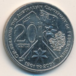 Монета Австралия 20 центов 2001 год - 100-летие Федерации. Австралийская столичная территория