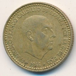Монета Испания 1 песета 1966 год - Франсиско Франко (75 внутри звезды)
