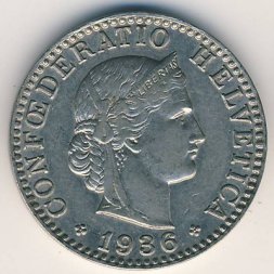 Швейцария 20 раппенов 1936 год