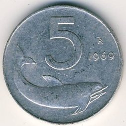 Италия 5 лир 1969 год - Дельфин