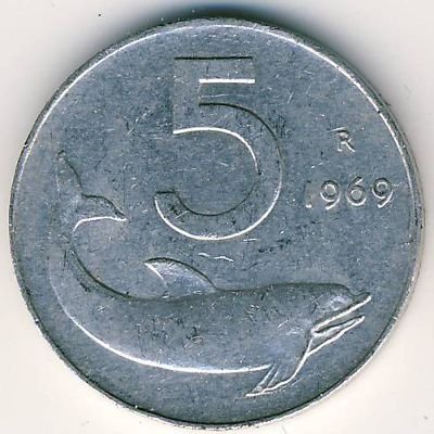 Италия 5 лир 1969 год - Дельфин