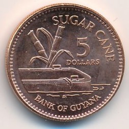 Монета Гайана 5 долларов 2008 год - Побеги сахарного тростника
