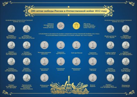 Набор цветных монет «200 лет победы России в войне 1812 года» (28 шт.) на планшете в рамке