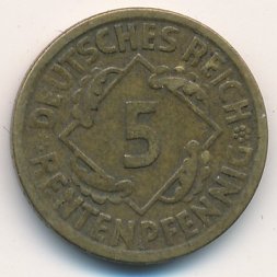 Веймарская республика 5 рентенпфеннигов 1924 год (E)