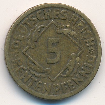 Веймарская республика 5 рентенпфеннигов 1924 год (E)
