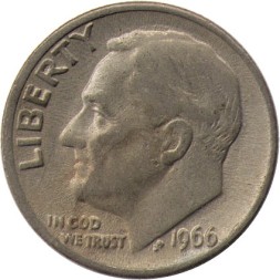 США 1 дайм (10 центов) 1966 год - Франклин Рузвельт (без отметки МД)
