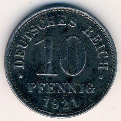Германия 10 пфеннигов 1921 год (A) (железо, магнитная)