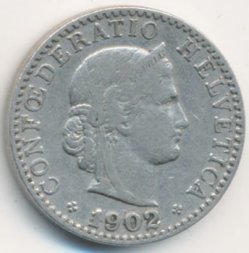 Швейцария 20 раппенов 1902 год