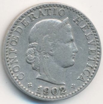 Швейцария 20 раппенов 1902 год