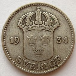 Швеция 25 эре 1934 год - Король Густав V