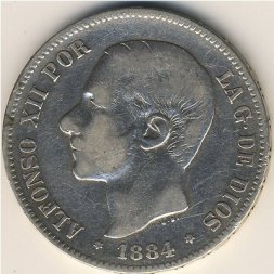 Испания 5 песет 1884 год